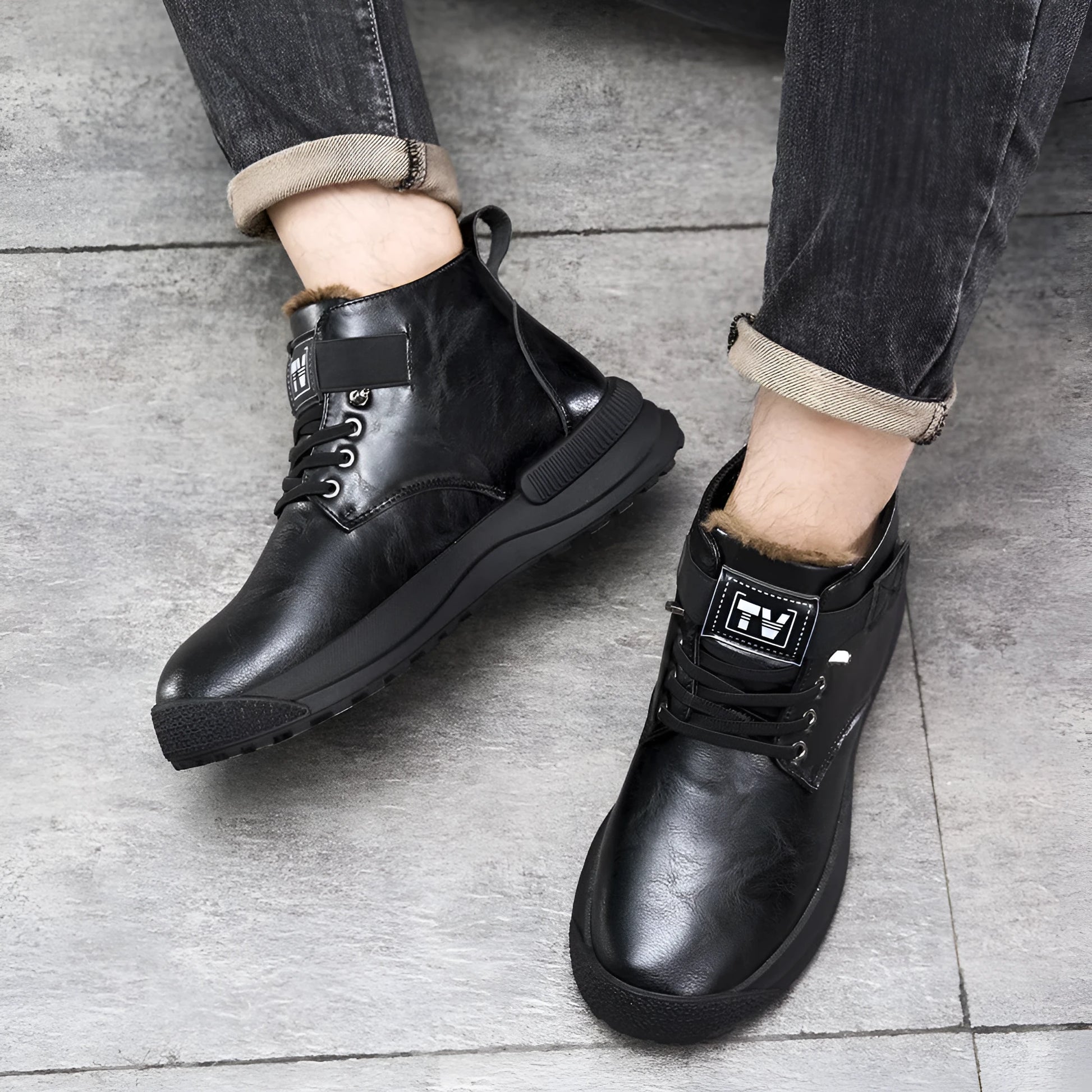 Men's black high-top platform Martin boots with a velvet-like PU upper and rubber sole.