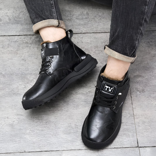 Men's black high-top platform Martin boots with a velvet-like PU upper and rubber sole.