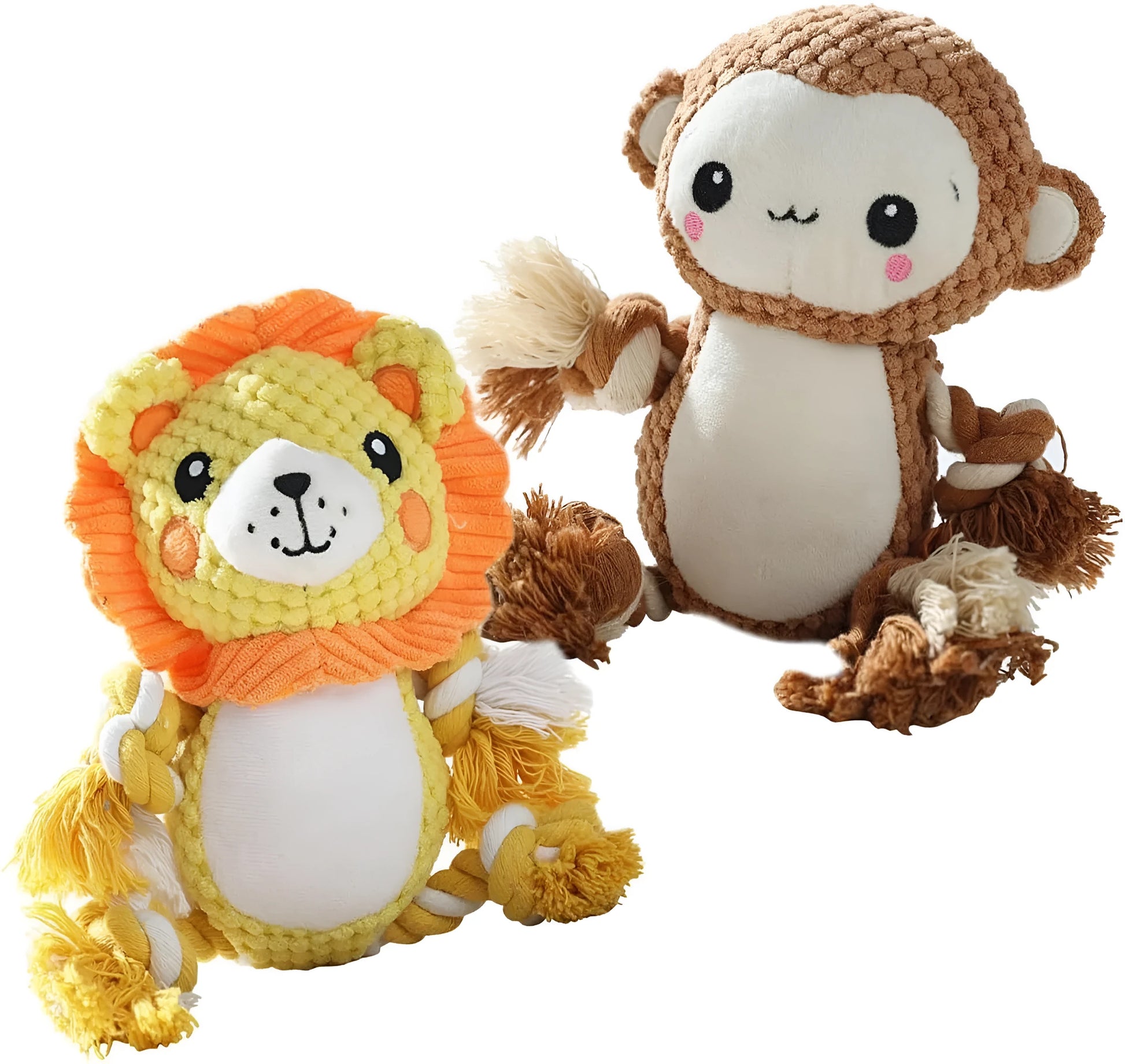 Plush squeaky dog toys bundle with lion and monkey designs, stuffing-free for medium large dogs