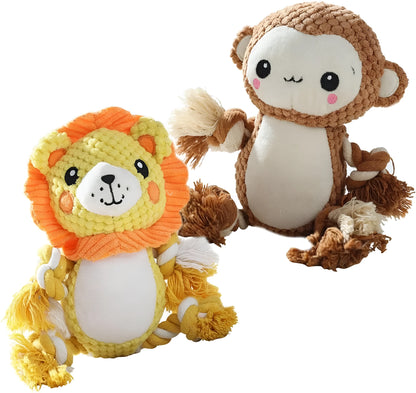Plush squeaky dog toys bundle with lion and monkey designs, stuffing-free for medium large dogs