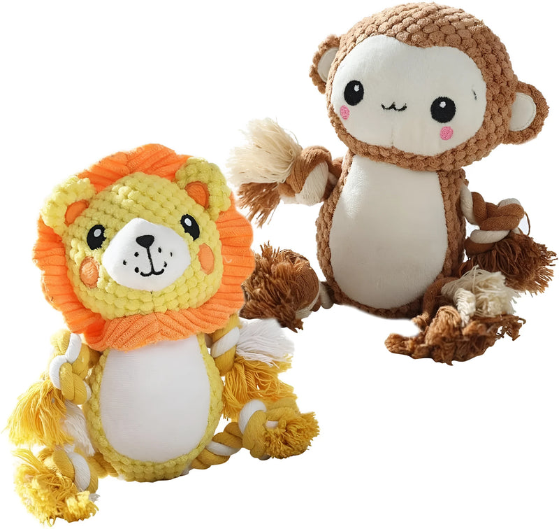 Stuffed squeaky dog toys plush assortment value bundle with two animal designs, providing 123g weight each for medium to large dogs, featuring stuffing-free construction and built-in squeakers for interactive play.