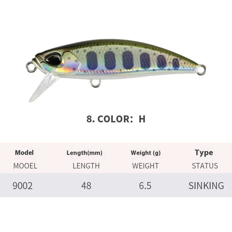 Japanese fishing lure with submerged mino design, 48mm length, 6.5g weight, shown in multiple colour variations