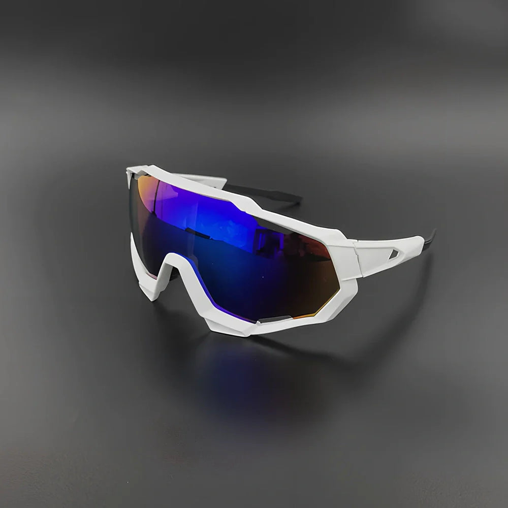 Cycling glasses with interchangeable lenses showing UV400 protection and lightweight frame design