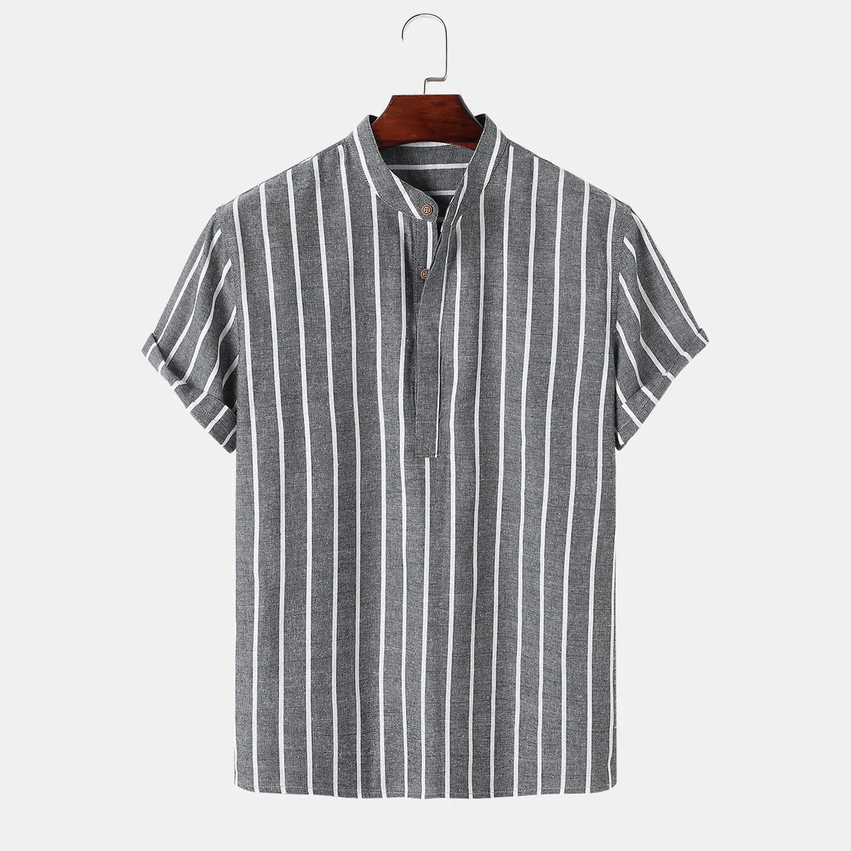 Men's striped short sleeve cotton shirt in white, red, gray, and blue