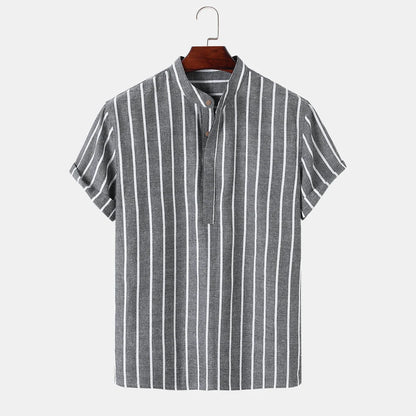 Men's striped short sleeve cotton shirt in white, red, gray, and blue