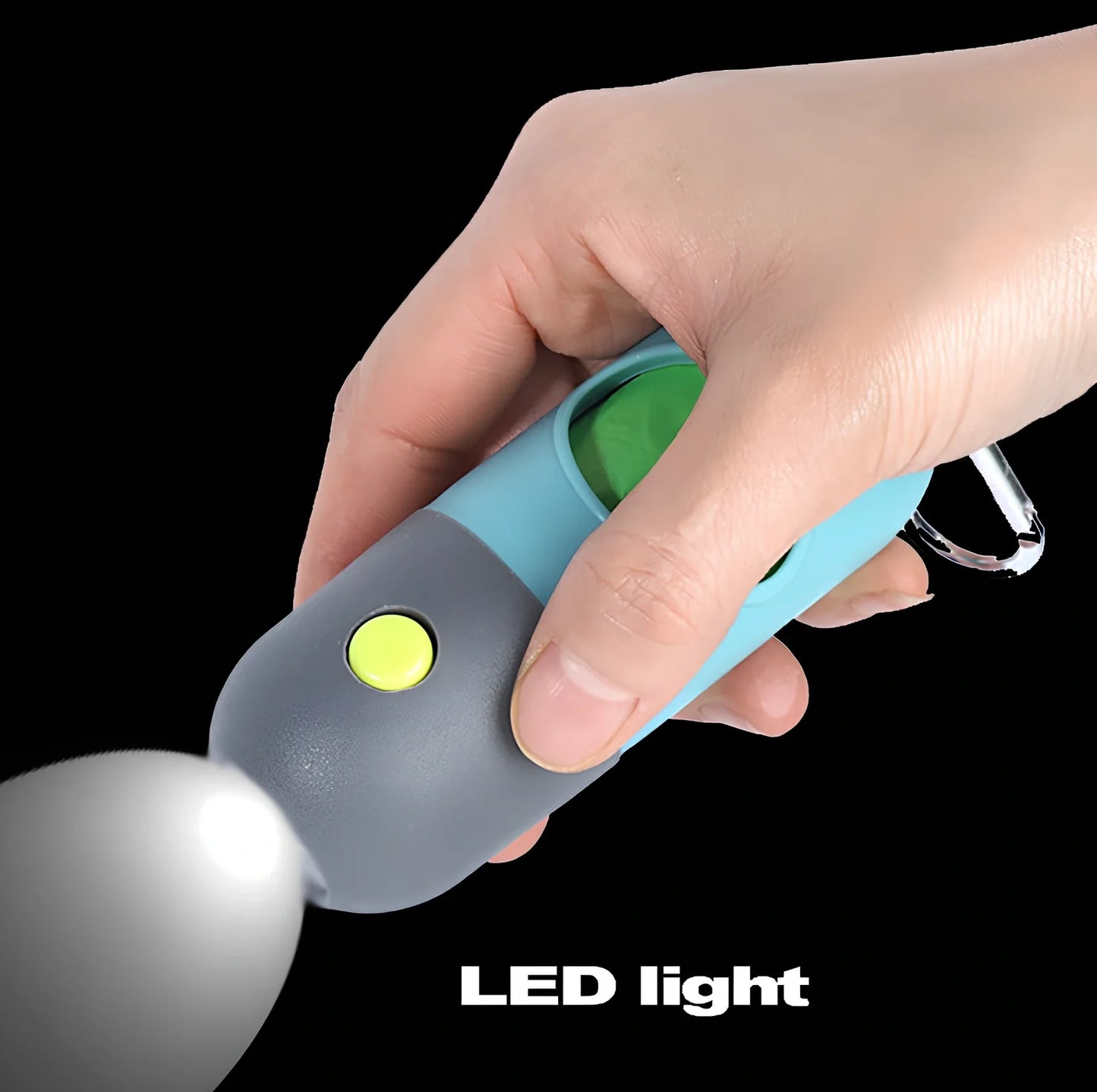 Grey-blue LED pet waste bag dispenser with metal carabiner clip measuring 10x4.5cm