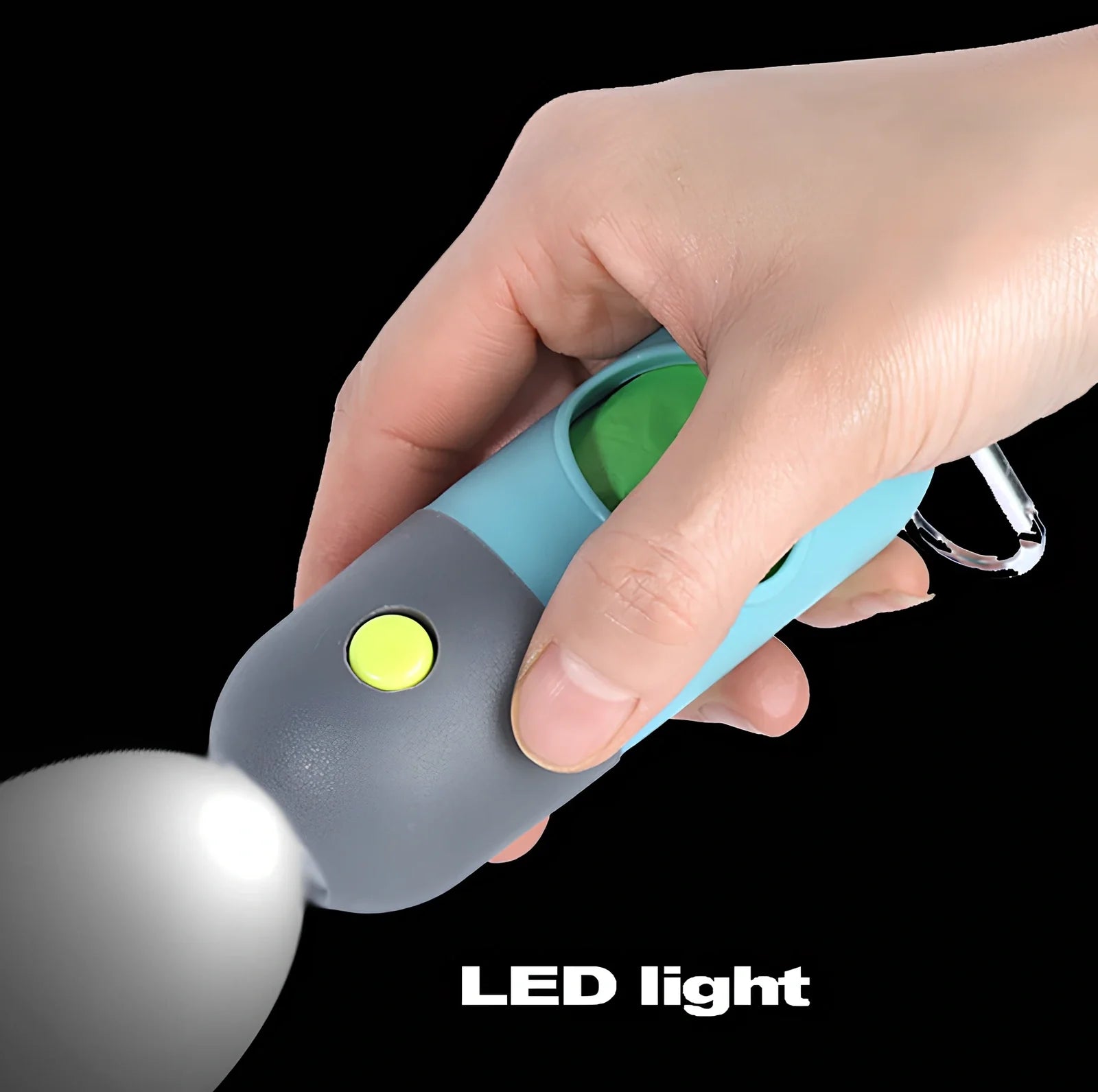 Grey-blue LED pet waste bag dispenser with metal carabiner clip measuring 10x4.5cm