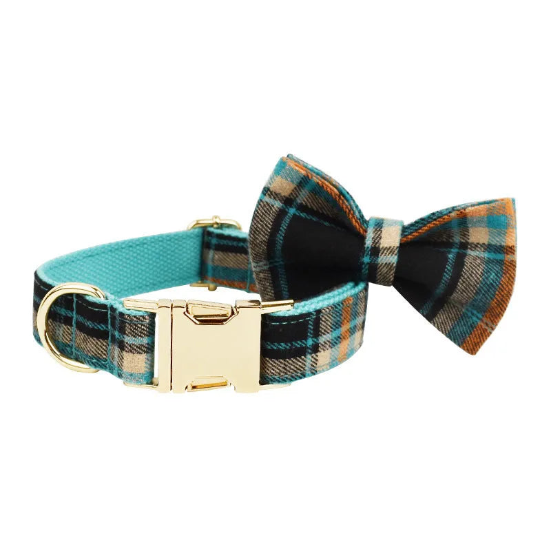 Green retro style cloth dog collar, lead, vest, and bow set displayed together.