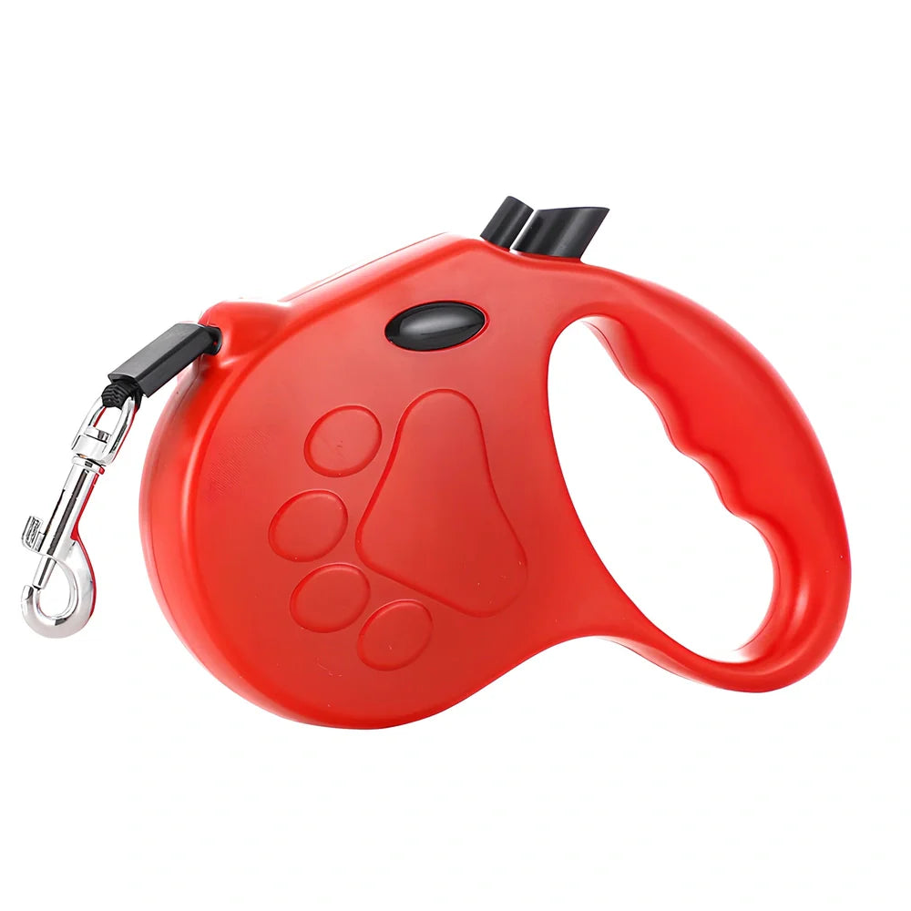 Automatic telescopic pet traction rope showing compact 140x168mm size and ABS plastic construction
