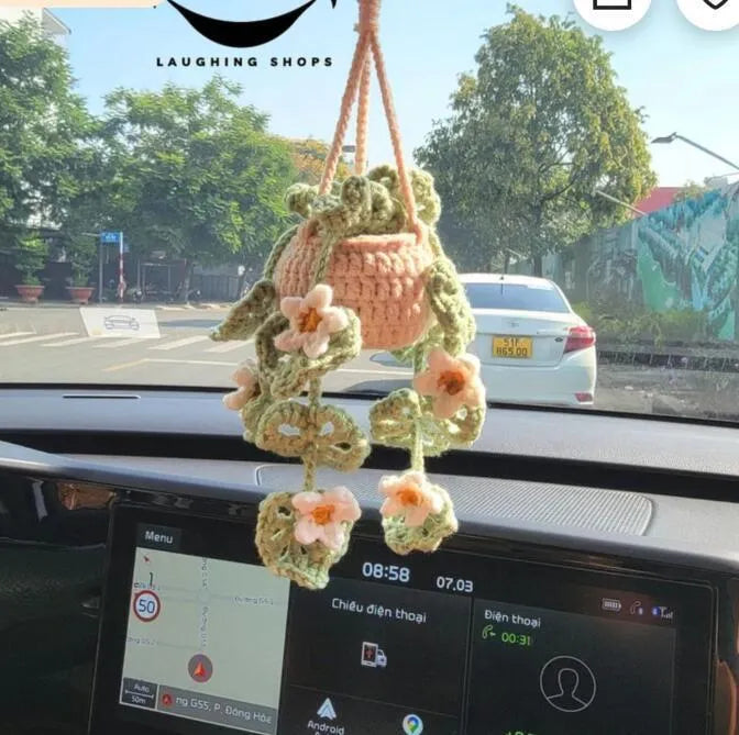 Green and white knitting wool car plant decoration with 8cm base and 25cm hanging rope