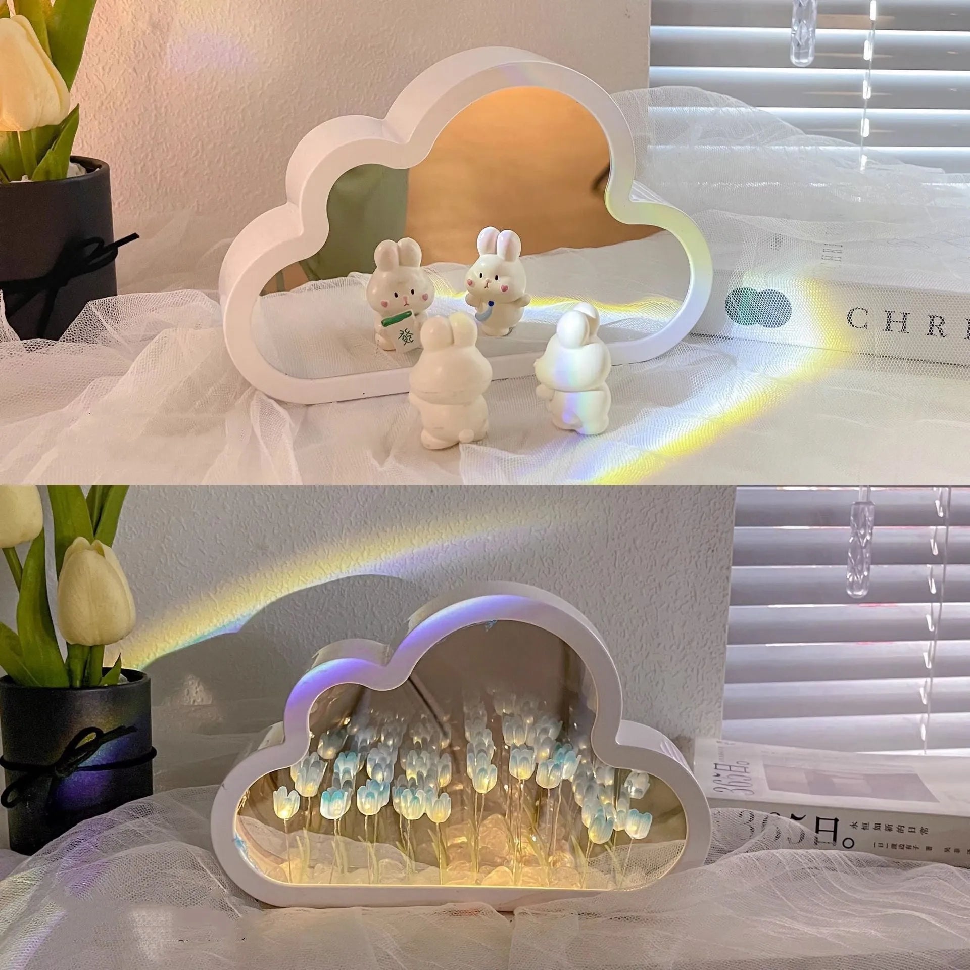 DIY tulip-shaped night lamp kit with LED lights and mirror surface in assorted colours on a desk.
