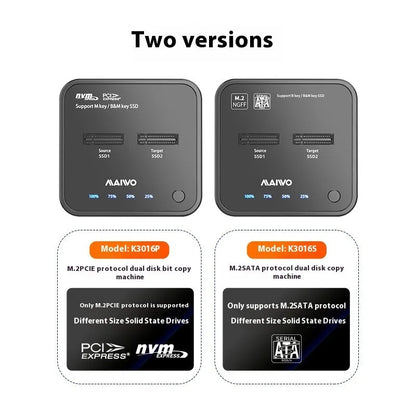 MAIWO K3016 M.2 solid-state drive docking station with power adapter and two USB cables on a desk.