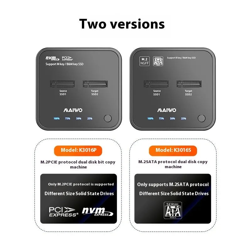 MAIWO K3016 M.2 Hard Disk Dock for cloning and data transfer with SATA and NVMe protocol support, includes dual data cables and a power adapter for reliable operation.