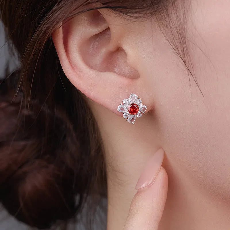 925 silver retro geometric U-shaped earrings in pigeon red with white gold electroplating