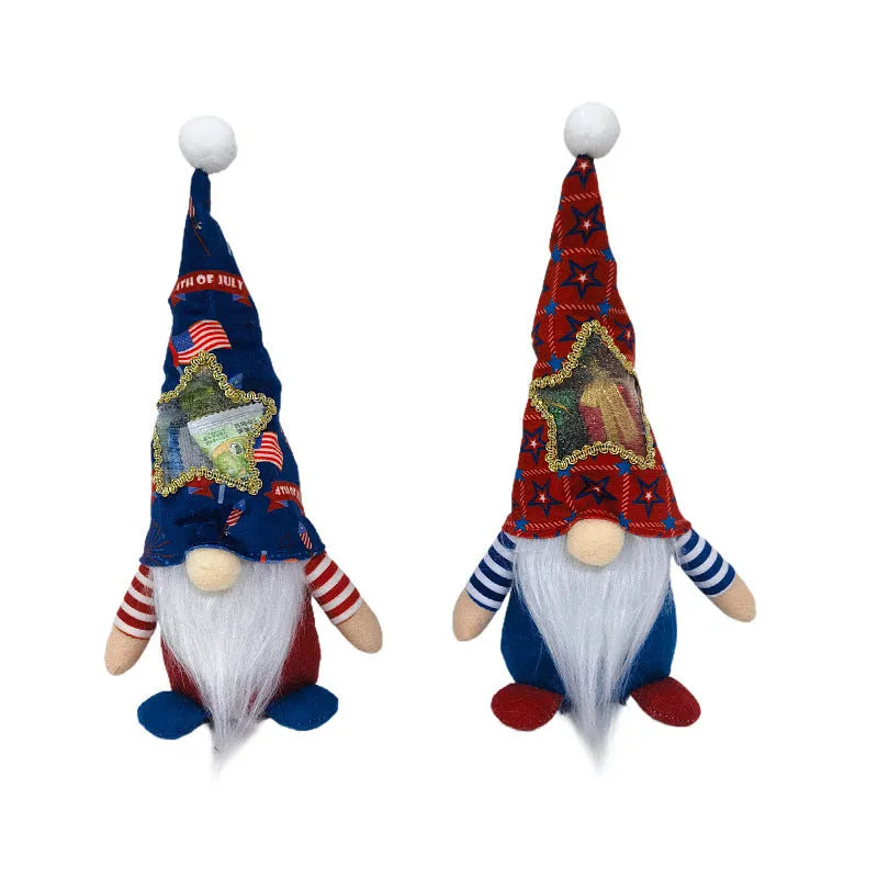 Two 32x12cm faceless Rudolf doll ornaments with suit design and integrated candy bags