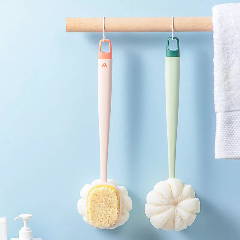 Long handle bath brush with soft fur bristles for gentle back scrubbing