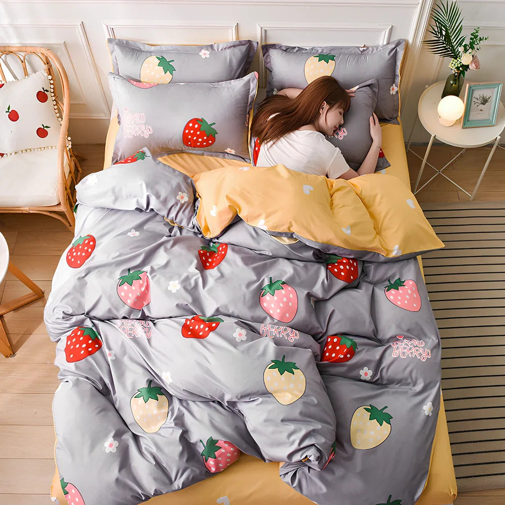 Aloe cotton bedding set with cartoon patterns, available in four colours for UK bed sizes 0.9m to 2.2m