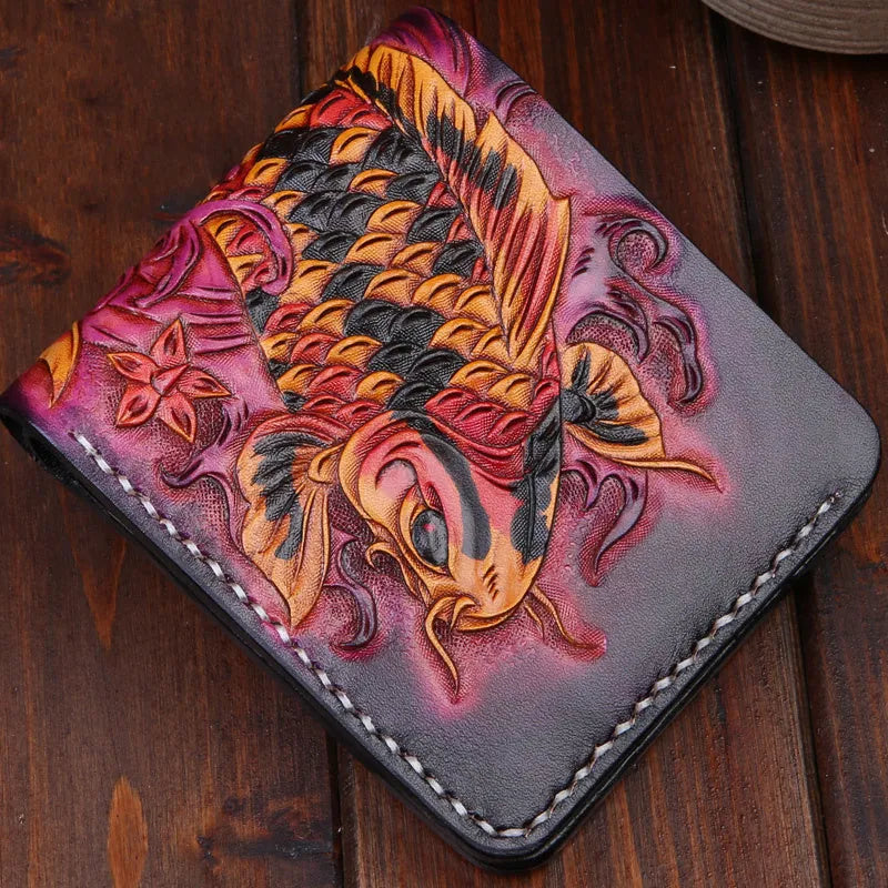Men's hand-carved cow leather short wallet showing texture detail and compact 10x12cm dimensions