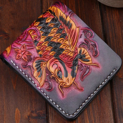 Men's hand-carved cow leather short wallet showing texture detail and compact 10x12cm dimensions