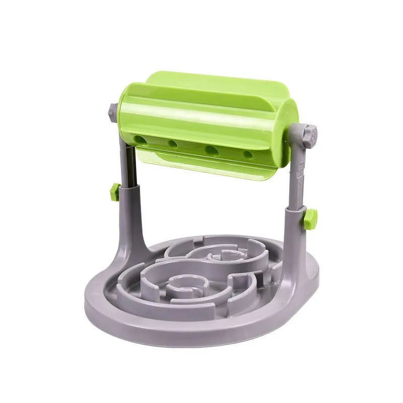 Blue adjustable height pet puzzle feeder with raised food tray patterns for slow eating