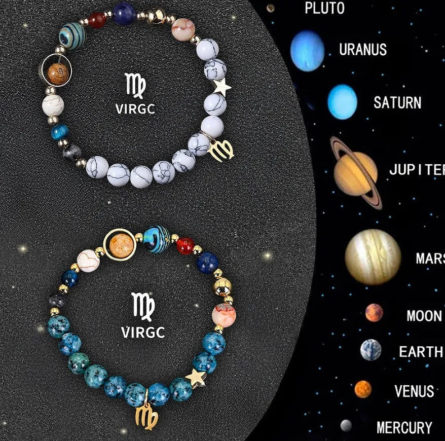 Twelve Zodiac Sign beaded bracelet set with natural stone beads and silver charms on adjustable chain