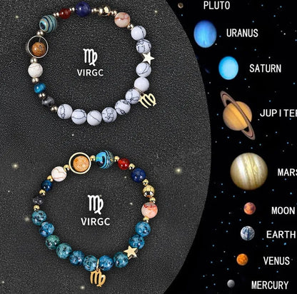 Twelve Zodiac Sign beaded bracelet set with natural stone beads and silver charms on adjustable chain