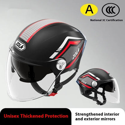 Men's and women's battery motorcycle half helmet with double mirror visor in light brown colour, 3C-certified ABS construction