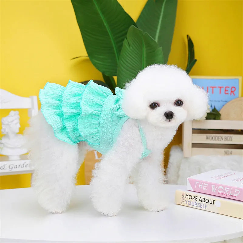 Small dog wearing polyester princess dress with layered skirt in rose red colour