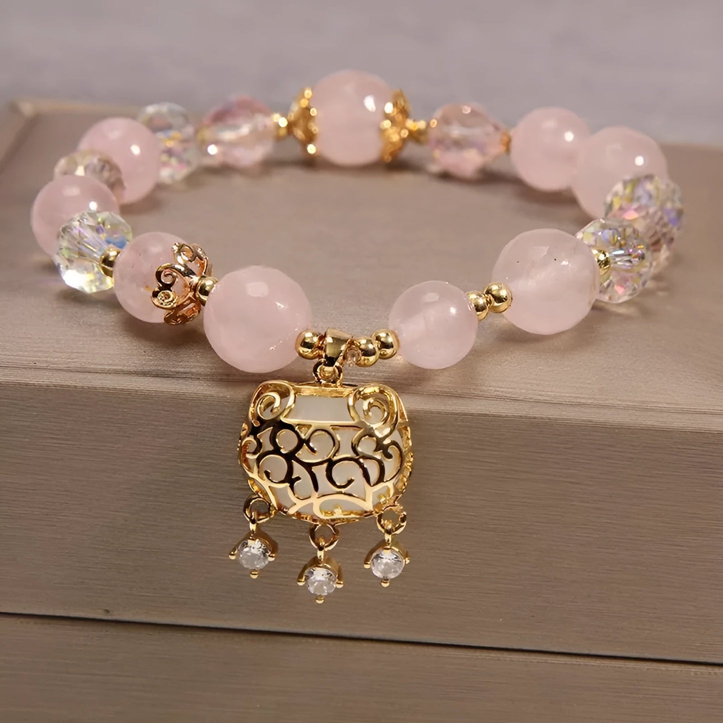 Women's yellow agate crystal bracelet on gold silk cord with Japanese style design