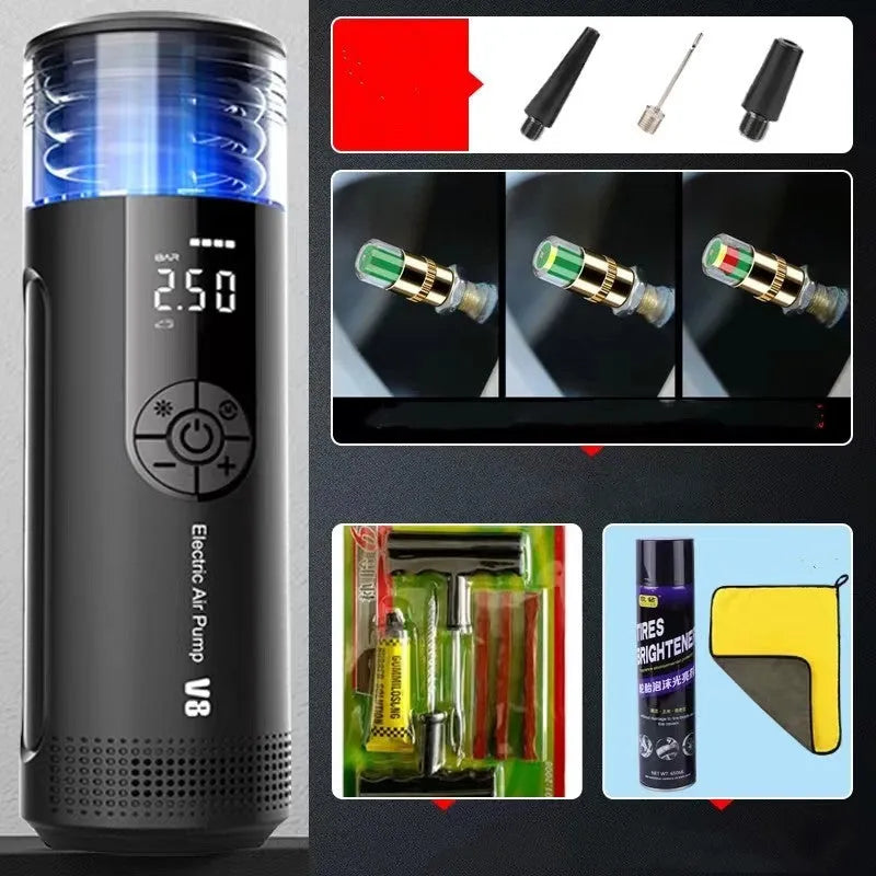 Wireless digital display car tyre inflator with long hose and tyre pressure gauge.