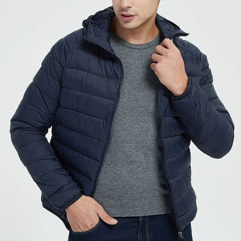 Men's lightweight hooded jacket in various solid colors with zipper closure and stylish design