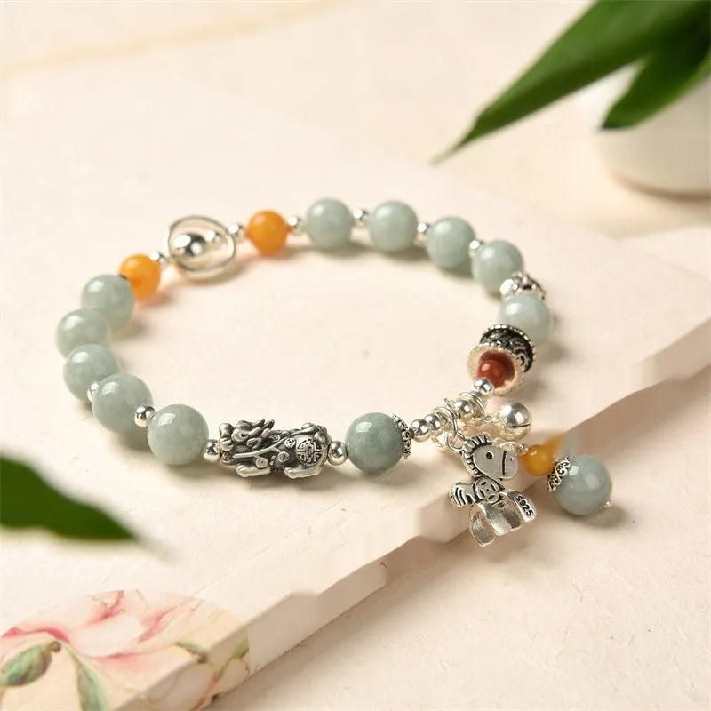 Natural jade vintage bracelet featuring a pony bracelet style with alloy details, offering a natural grade A jade and alloy material construction in a retro design suitable for manual DIY assembly and gift giving