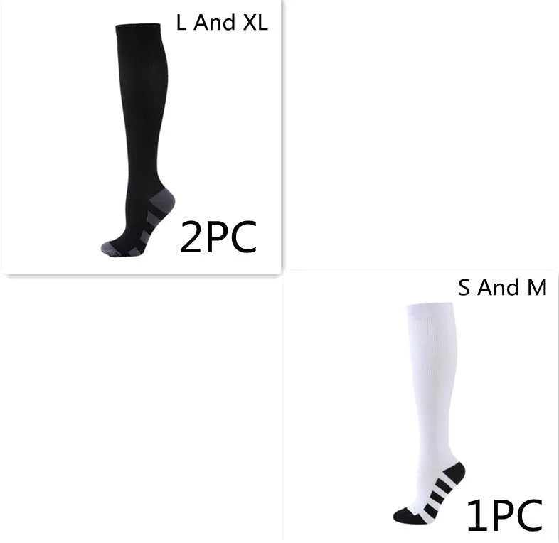 Athletic compression socks with three-bar design in black, pink, and white