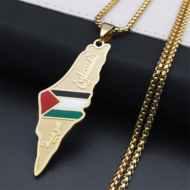 Stainless steel pendant necklaces featuring detailed maps of Israel and Palestine in vibrant colors