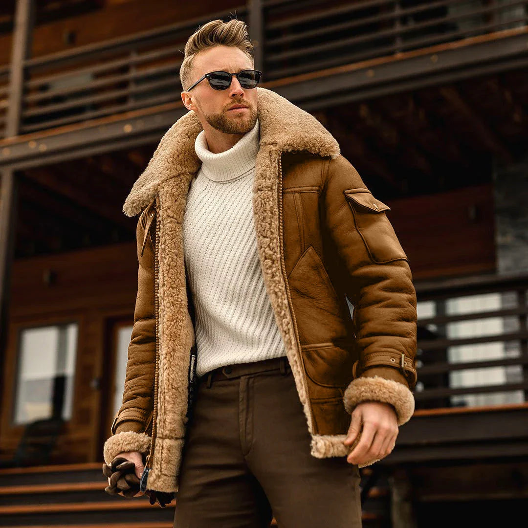 Warm military-style fleece jacket with fur collar, available in multiple color options and sizes