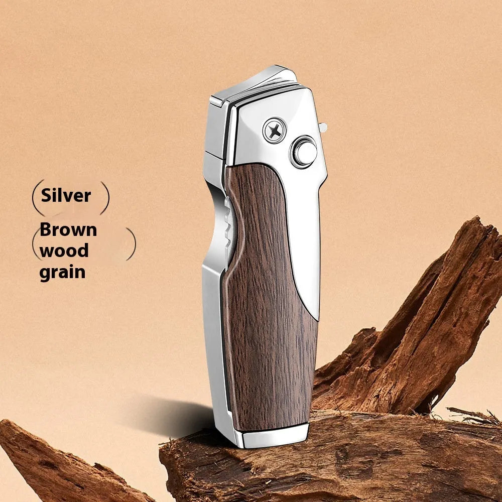 Metal folding lighter with integrated knife showing zinc alloy construction and safety lock mechanism
