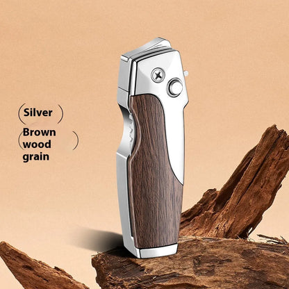 Metal folding lighter with integrated knife showing zinc alloy construction and safety lock mechanism