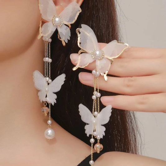 White butterfly earrings with rhinestone and pearl accents on copper alloy with electroplated finish