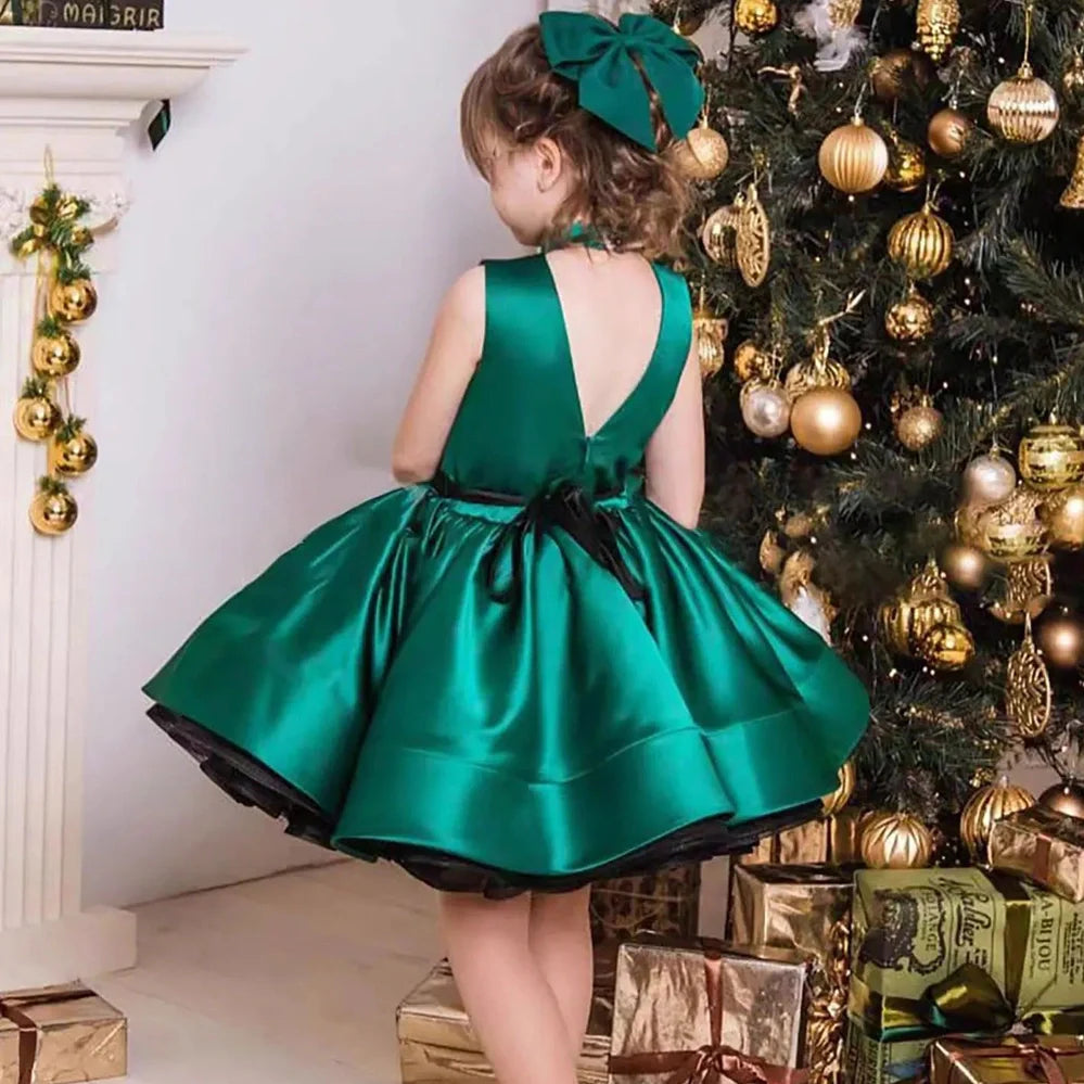 Green pettiskirt princess dress for girls with seven height sizes from 100cm to 160cm, polyester fabric