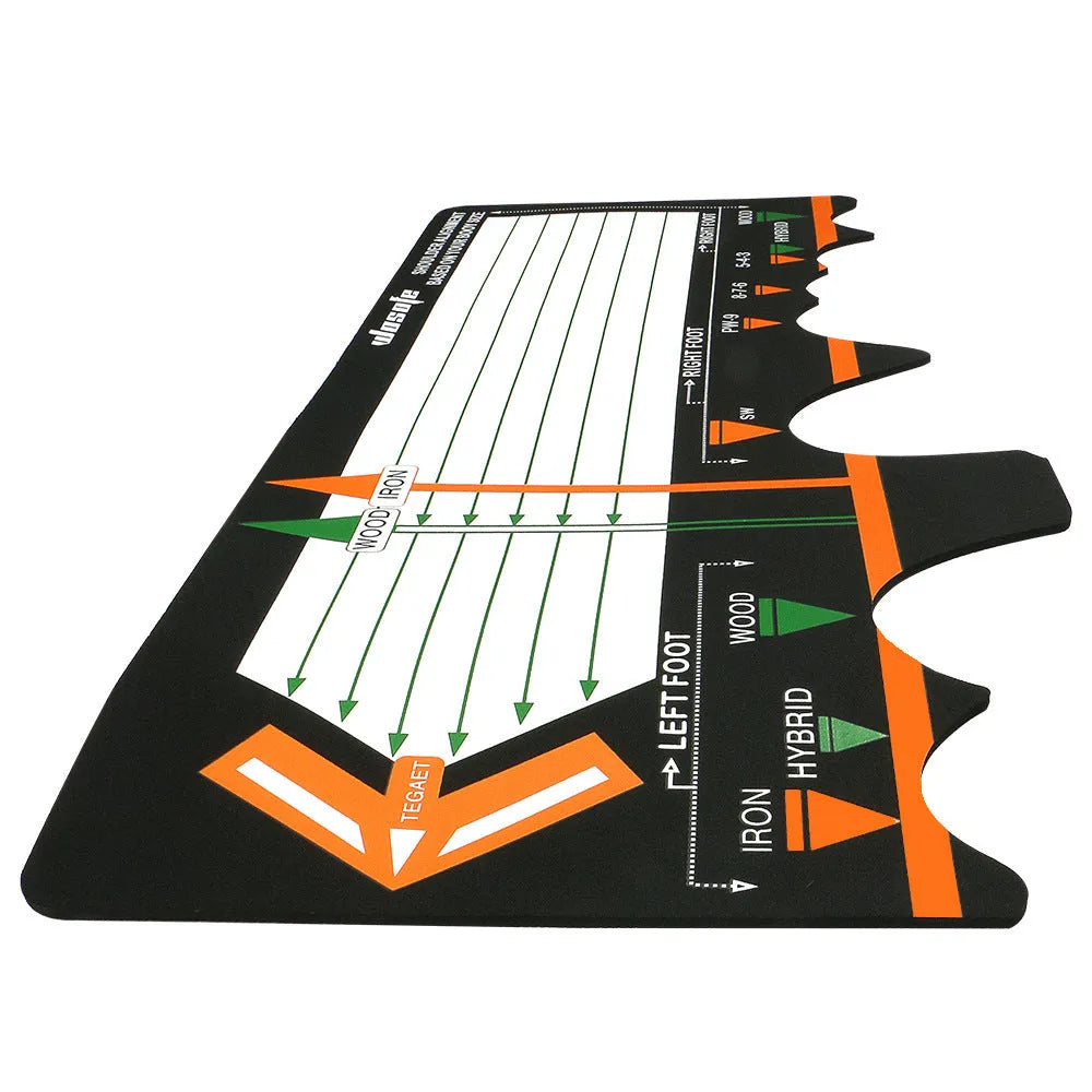 Black neoprene golf swing posture pad with directional markings on a green surface.
