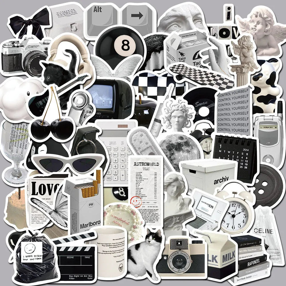 Black and white PVC sticker collection with 61 pieces for laptop and device customisation and protection