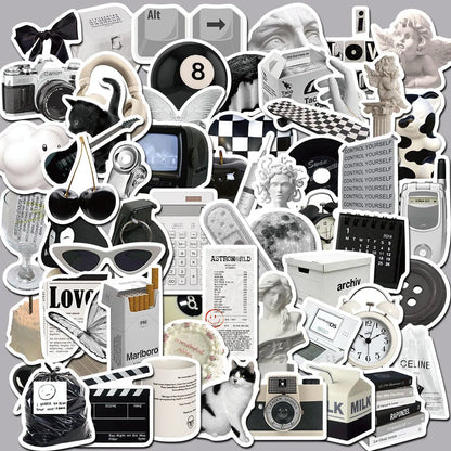 Black and white PVC sticker collection with 61 pieces for laptop and device customisation and protection