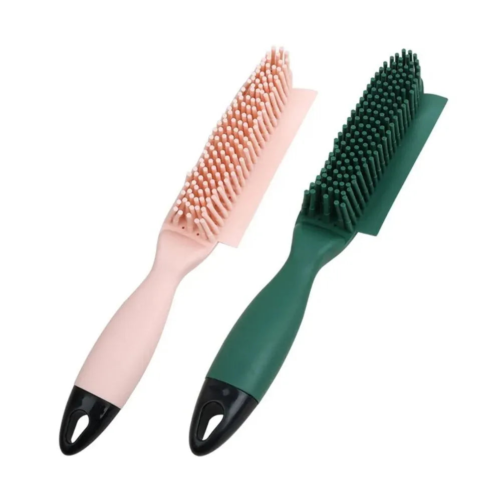 Green silicone pet grooming brush with flexible bristles for removing hair from cats, dogs and furniture