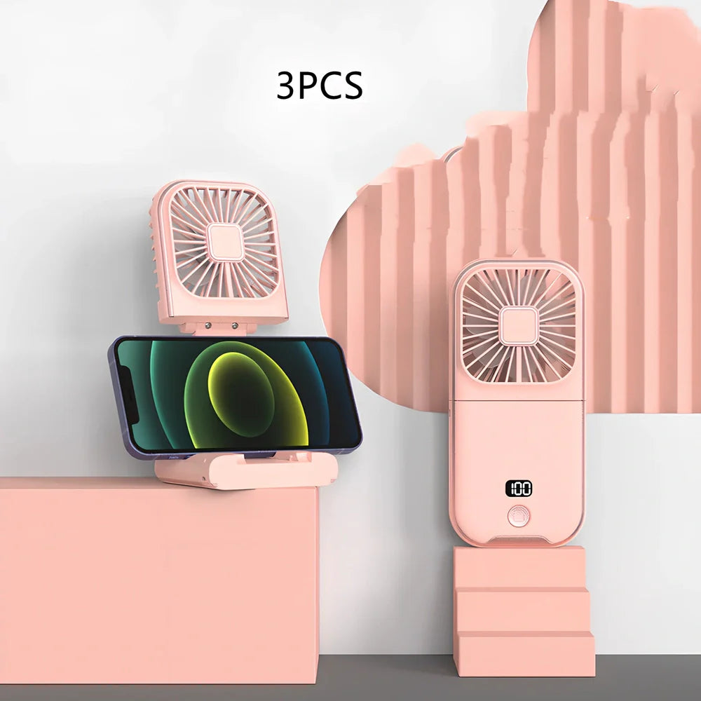 F30Pro folding portable handheld fan in white with digital display, 169x81x20mm size, USB charging, plastic blades for cooling