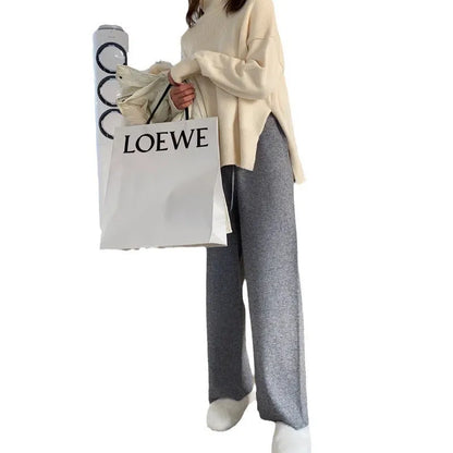 Women's high-waist knitted wide-leg trousers in black with super thick fabric and straight-leg mopping style