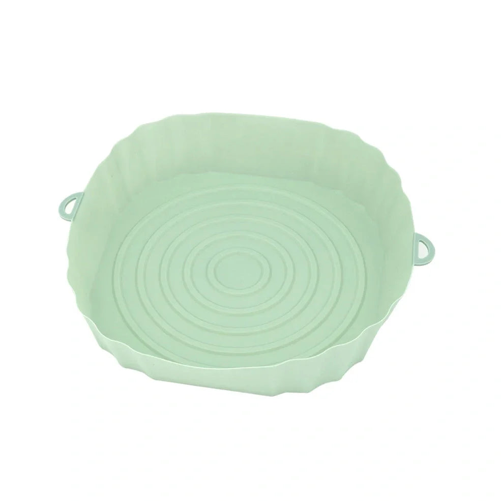 Silicone air fryer basket liner in light grey colour showing 4.5cm depth and flexible design for round air fryers