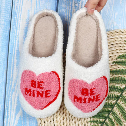 Valentine's Day Love Heart Cotton Slippers with non-slip sole in white