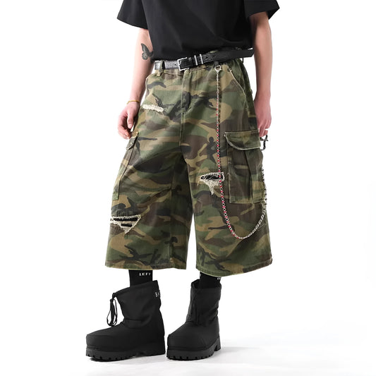 Men's camouflage pattern cropped jeans trousers in straight cut with cotton denim fabric