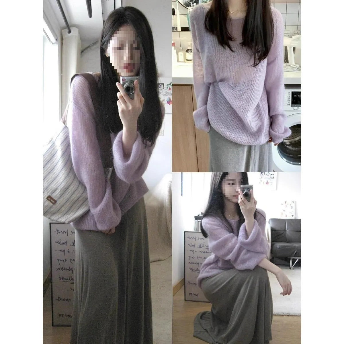 Women's purple blouse with round neck and princess sleeves, made from lightweight ice silk fabric