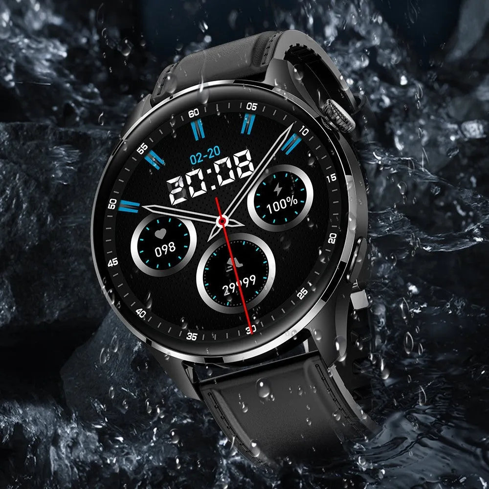 Smart watch with round colour screen, zinc alloy case, and silicone strap, showing Bluetooth calling and access control features
